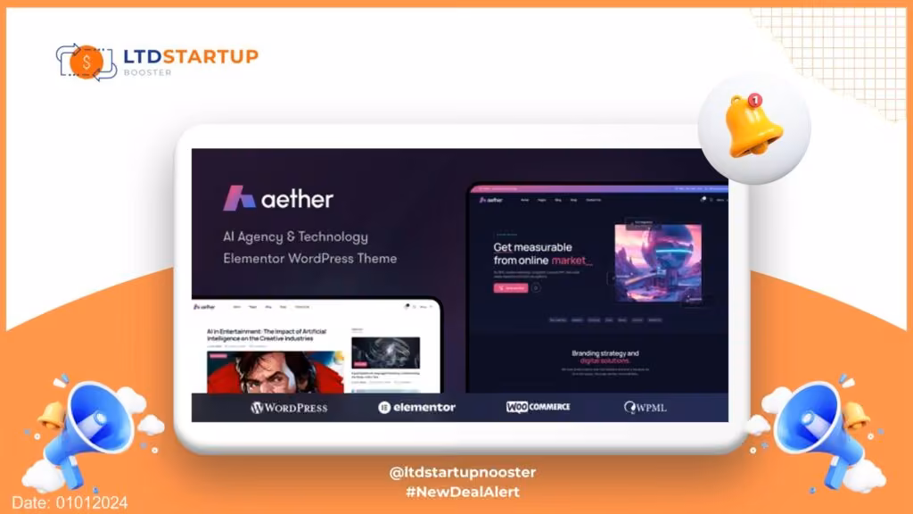 Aether - AI Agency & Technology WordPress 테마 커버