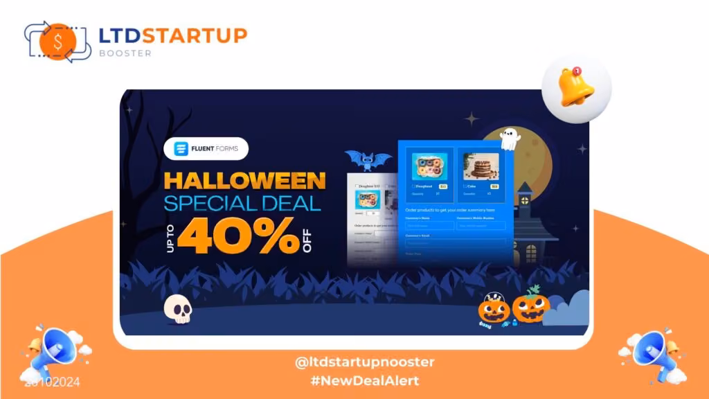 Nuovo Lifetime Deal - Fluent Forms Halloween Special Discount - "Sblocca fino a 40% off on Fluent Forms Halloween Special Discount." cover